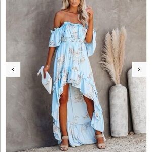 Skylar+Madison Women’s Off Shoulder Blue Floral High-Low Ruffled Fairy Dress S